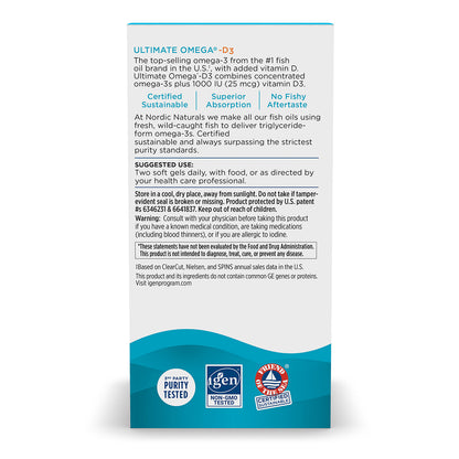 Nordic Naturals Ultimate Omega D3, 1280 mg de Omega + 1000 IU de vitamina D3, 120 cápsulas sabor limón para 2 meses