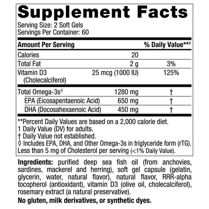Nordic Naturals Ultimate Omega D3, 1280 mg de Omega + 1000 IU de vitamina D3, 120 cápsulas sabor limón para 2 meses