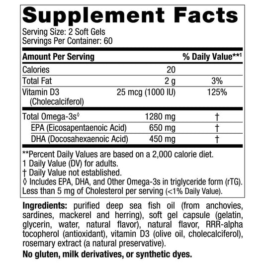 Nordic Naturals Ultimate Omega D3, 1280 mg de Omega + 1000 IU de vitamina D3, 120 cápsulas sabor limón para 2 meses
