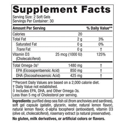 Nordic Naturals Ultima Omega Xtra, 1480 mg de Omega, 60 cápsulas sabor limón para 1 mes