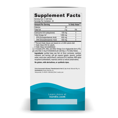 Suplemento Ultimate Omega con CoQ10, 1280 mg de Omega + 100 mg de CoQ10, 60 cápsulas sabor limón para 1 mes