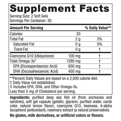 Suplemento Ultimate Omega con CoQ10, 1280 mg de Omega + 100 mg de CoQ10, 60 cápsulas sabor limón para 1 mes