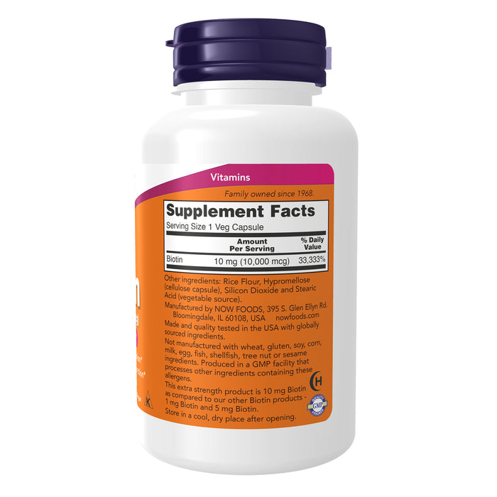 Now Suplemento Biotina Extra Strength 10 mg 120 Cápsulas Vegetales
