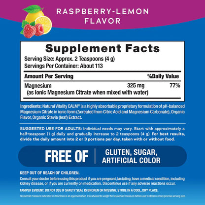 Natural Vitality Calm Suplemento Citrato De Magnesio Sabor Frambuesa Limón 16 Oz 453 G