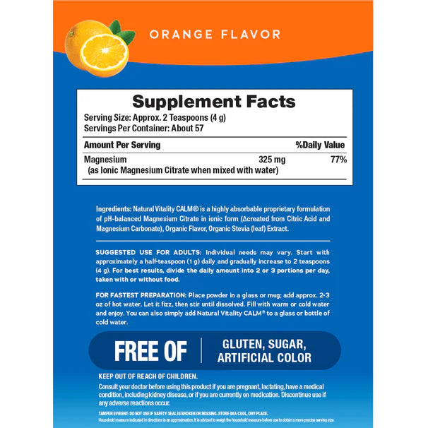 Natural Vitality CALM Suplemento Citrato de Magnesio325mg, 8oz (227g) sabor naranja