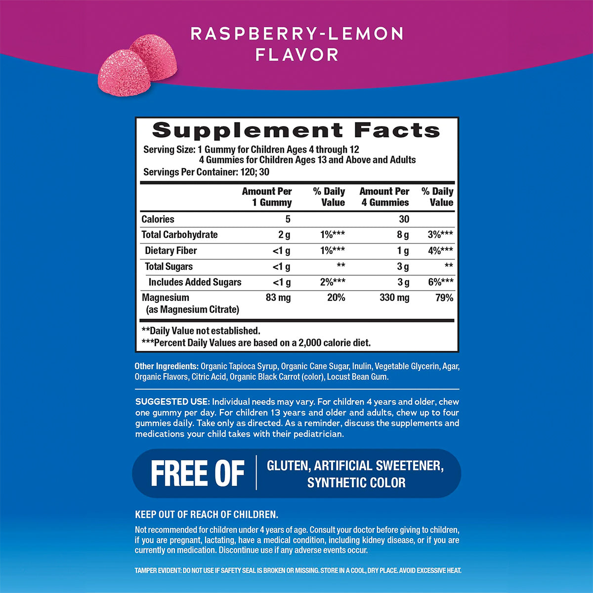 Natural Vitality CALM Suplemento Citrato de Magnesio 330mg, Sabor Frambuesa- Limón, 120 Gomitas