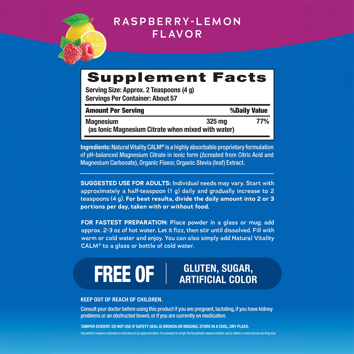 Natural Vitality CALM Suplemento de Citrato Magnesio, 8 oz (227g) sabor frambuesa - limón