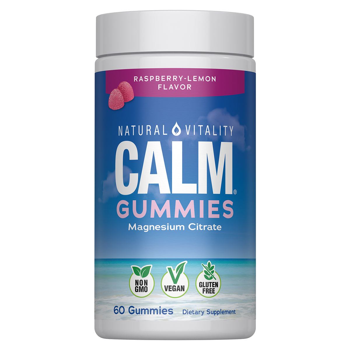 Natural Vitality CALM Suplemento Citrato de Magnesio 330mg, 60 Gomitas Sabor Frambuesa Limón