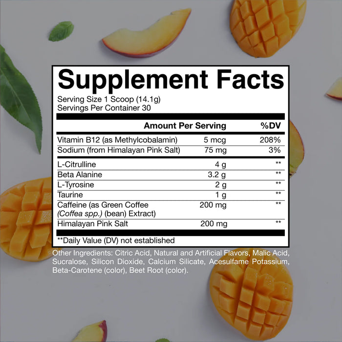 Raw CBUM Essential Pre-Entrenamiento – Sabor Peach Mango, 30 servicios (423 g)