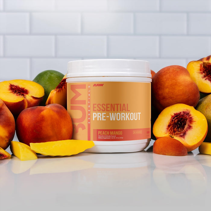Raw CBUM Essential Pre-Entrenamiento – Sabor Peach Mango, 30 servicios (423 g)