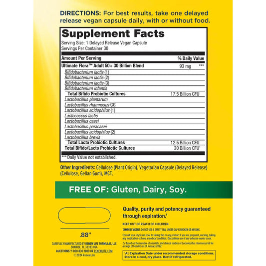 Renew Life Ultimate Flora 50+ Probiótico 30 mil millones, 30 cápsulas
