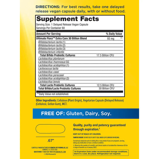 Renew Life Ultimate Flora Extra Care Probiótico 30 Mil Millones, 50 cápsulas