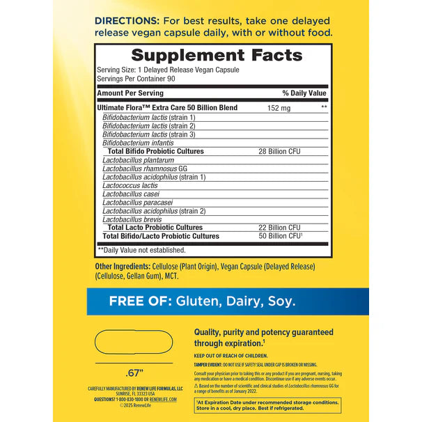 Renew Life Ultimate Flora Extra Care Probiótico 50 mil millones, 90 cápsulas