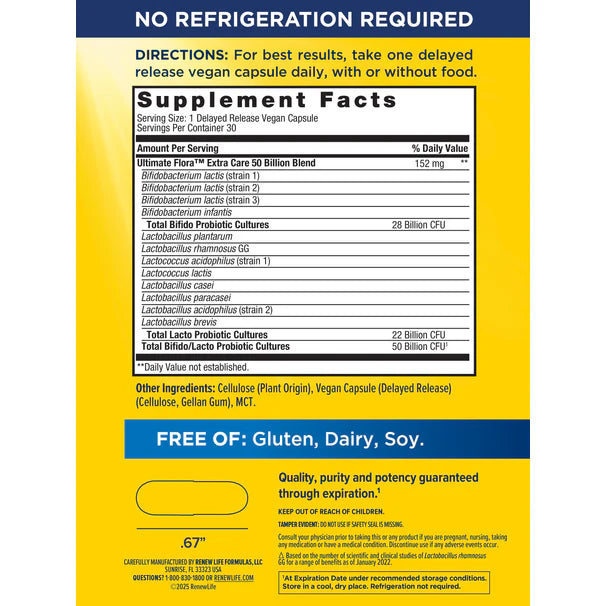 Renew Life Ultimate Flora Extra Care Probiótico 50 mil millones GO PACK, 30 cápsulas