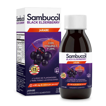 Sambucol Jarabe de saúco negro con zinc y vitamina C para adultos, líquido de saúco – 120ml (4 fl oz)