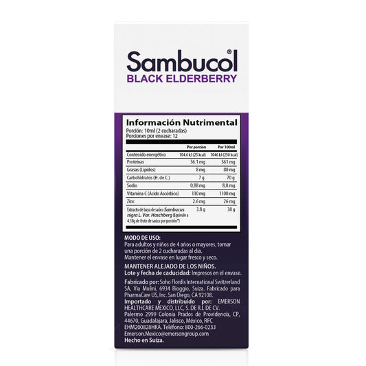 Sambucol Jarabe de saúco negro con zinc y vitamina C para adultos, líquido de saúco – 120ml (4 fl oz)