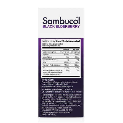 Sambucol Jarabe de saúco negro con zinc y vitamina C para adultos, líquido de saúco – 120ml (4 fl oz)