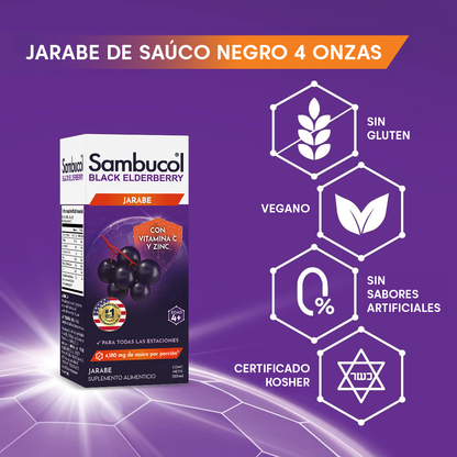 Sambucol Jarabe de saúco negro con zinc y vitamina C para adultos, líquido de saúco – 120ml (4 fl oz)