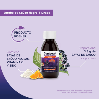 Sambucol Jarabe de saúco negro con zinc y vitamina C para adultos, líquido de saúco – 120ml (4 fl oz)