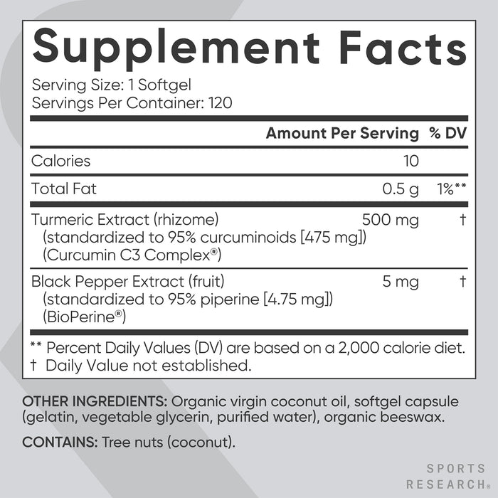 Sports Research Cúrcuma Curcumina C3 Complex 500 mg con BioPerine y Aceite de Coco, 120 Cápsulas
