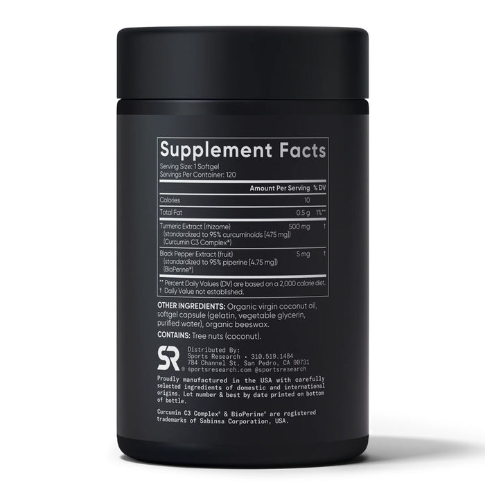 Sports Research Cúrcuma Curcumina C3 Complex 500 mg con BioPerine y Aceite de Coco, 120 Cápsulas