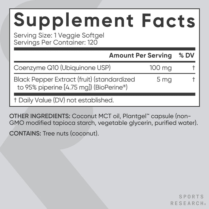 Sports Research Suplemento CoQ10 100 mg, con Aceite de Coco y BioPerine®, 120 Cápsulas Blandas Vegetales