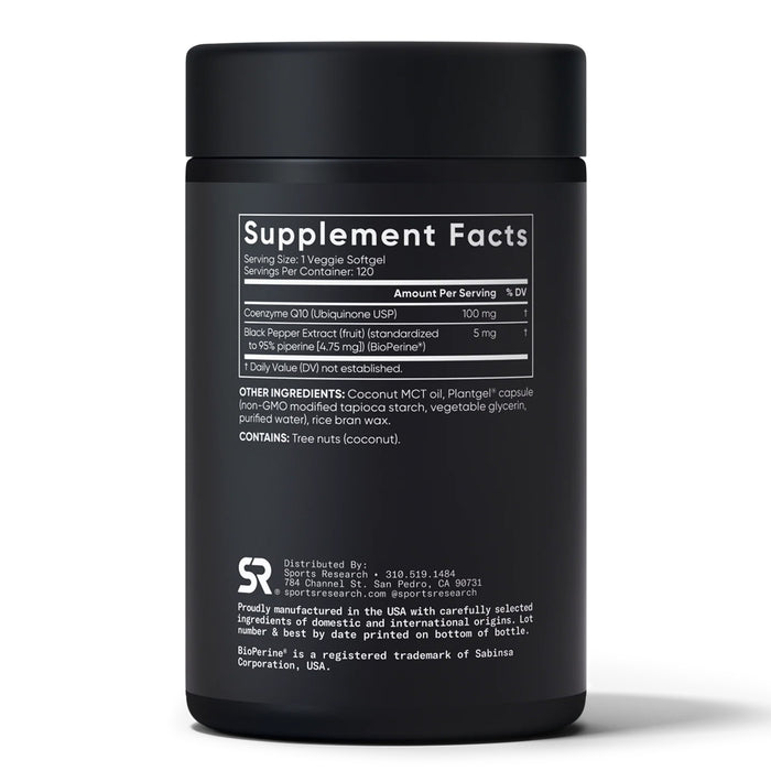 Sports Research Suplemento CoQ10 100 mg, con Aceite de Coco y BioPerine®, 120 Cápsulas Blandas Vegetales