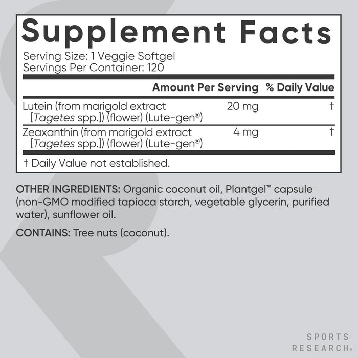 Sports Research Suplemento Luteína Vegana + Zeaxantina 20 mg con Aceite de Coco Orgánico, 120 Cápsulas Blandas Vegetarianas