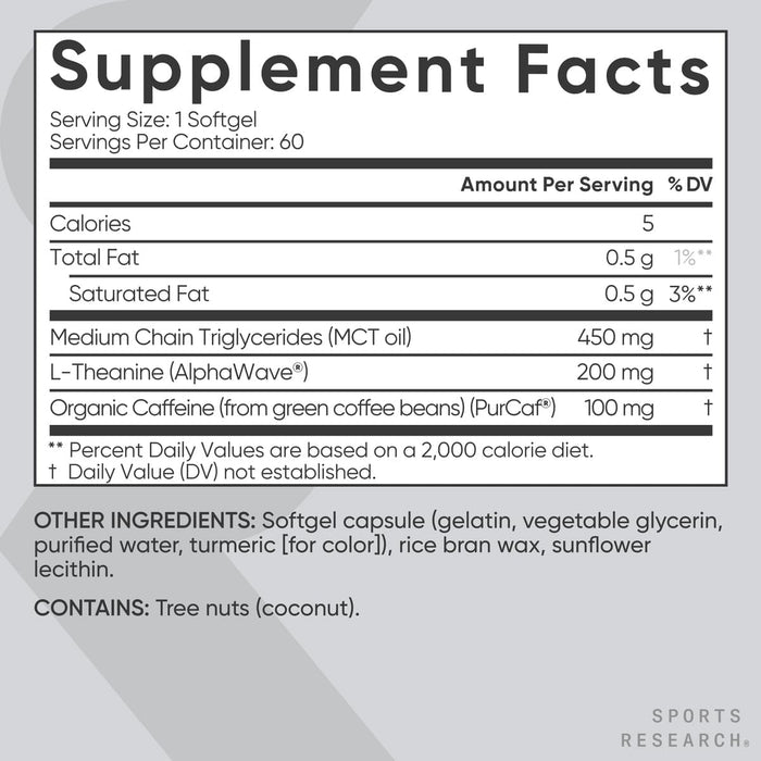Sports Research L‑Teanina + Cafeína + MCT de Coco Orgánico, 60 Cápsulas Blandas