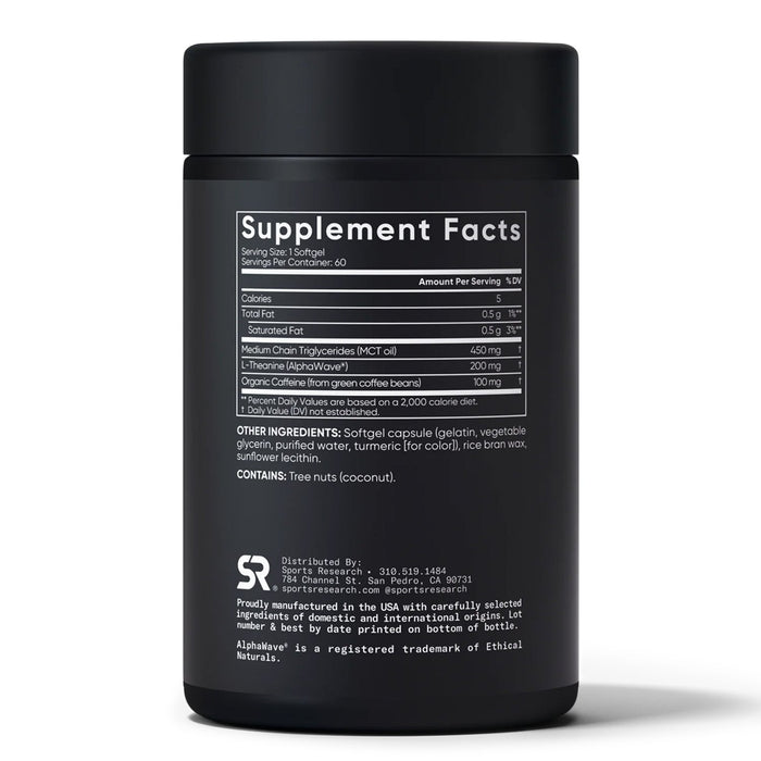 Sports Research L‑Teanina + Cafeína + MCT de Coco Orgánico, 60 Cápsulas Blandas