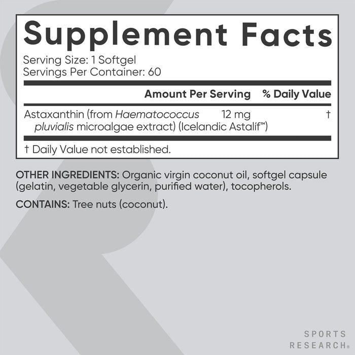 Sports Research Suplemento Astaxantina Triple Fuerza 12 mg con Aceite de Coco Orgánico, 60 Cápsulas Blandas
