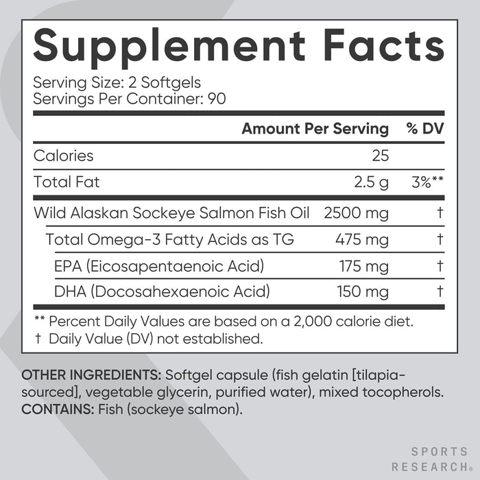 Sports Research Aceite de Salmón Sockeye Salvaje de Alaska, 2500 mg EPA+DHA, 180 Cápsulas Blandas