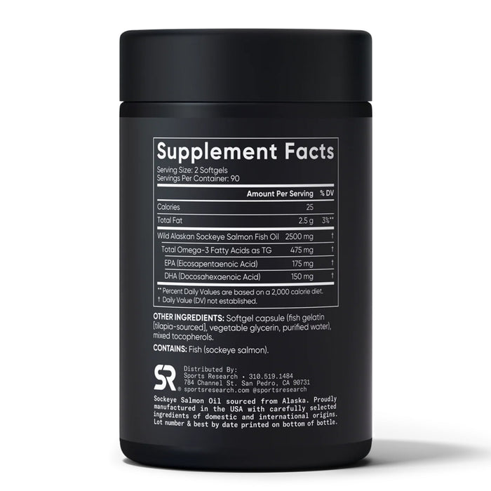 Sports Research Aceite de Salmón Sockeye Salvaje de Alaska, 2500 mg EPA+DHA, 180 Cápsulas Blandas