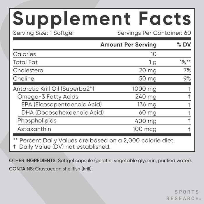 Sports Research Omega‑3 Krill Oil 1000 mg con Astaxantina, 60 Cápsulas Blandas