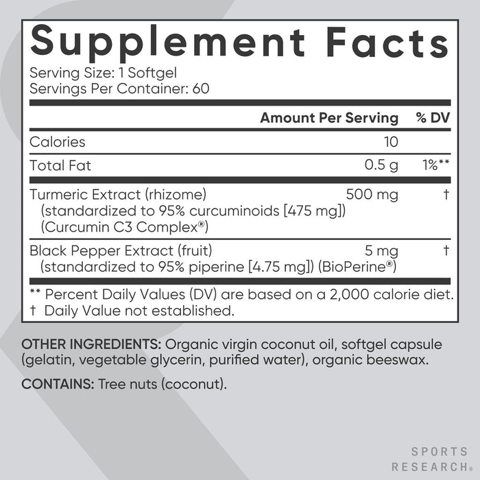 Sports Research Cúrcuma Curcumina C3 Complex 500 mg con Pimienta Negra y Aceite de Coco Orgánico, 60 Cápsulas