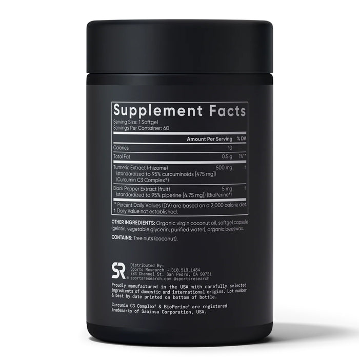 Sports Research Cúrcuma Curcumina C3 Complex 500 mg con Pimienta Negra y Aceite de Coco Orgánico, 60 Cápsulas