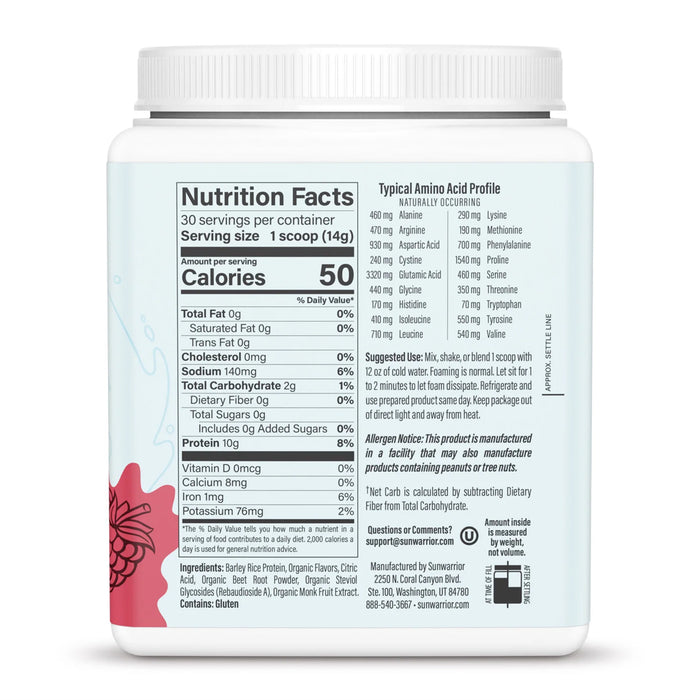 Sunwarrior Proteína Transparente Vegana en Polvo, Sabor Frambuesa, 420 g, 30 Porciones, Sin OMG