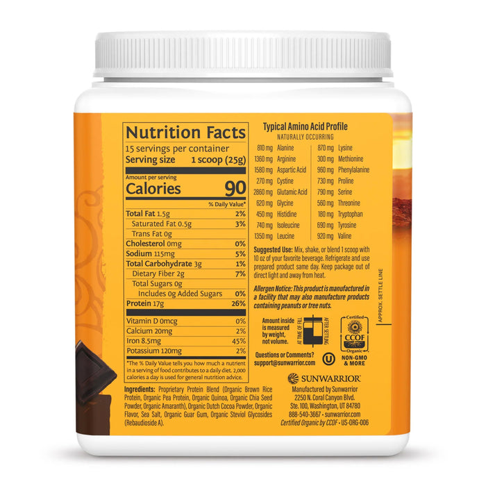 Sunwarrior Classic Plus Proteína Orgánica en Polvo, Chocolate, 750 g, Vegana, Sin OMG