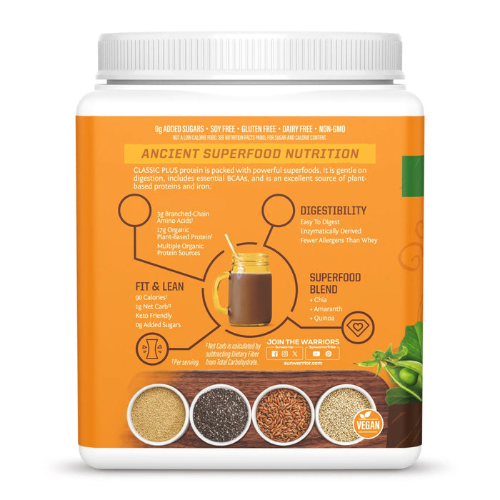 Sunwarrior Classic Plus Proteína Orgánica en Polvo, Chocolate, 750 g, Vegana, Sin OMG