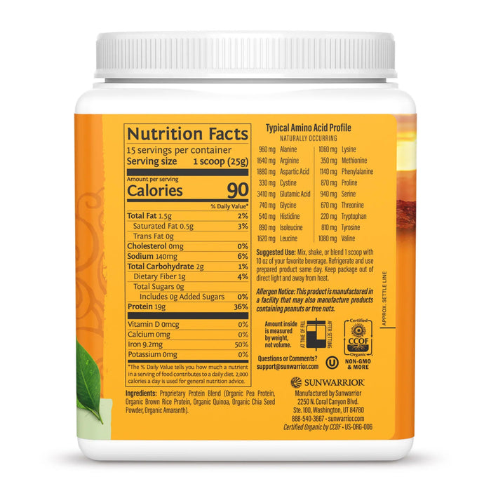 Sunwarrior Classic Plus Proteína Orgánica en Polvo, Natural Sin Sabor, 375 g, Vegana, Sin OMG