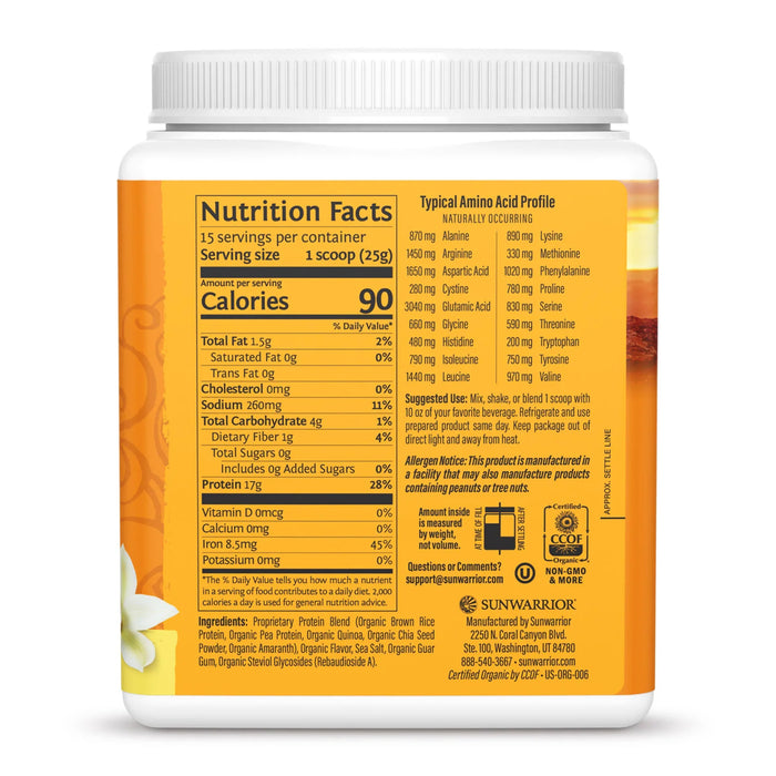 Sunwarrior Classic Plus Proteína Orgánica en Polvo, Vainilla, 375 g, 15 Porciones, Vegana, Sin OMG