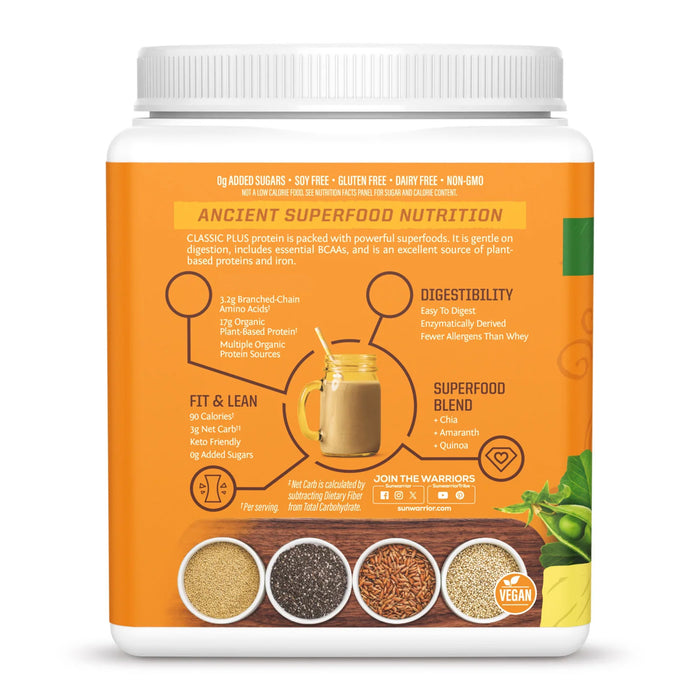 Sunwarrior Classic Plus Proteína Orgánica en Polvo, Vainilla, 375 g, 15 Porciones, Vegana, Sin OMG