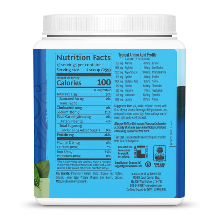 Sunwarrior Warrior Blend Proteína Orgánica en Polvo, Natural Sin Sabor, 375 g, Vegana, Sin OMG