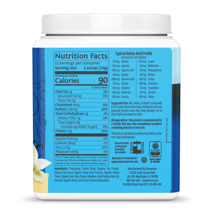 Sunwarrior Warrior Blend Proteína Orgánica en Polvo, Vainilla, 375 g, 15 Porciones, Vegana, Sin OMG