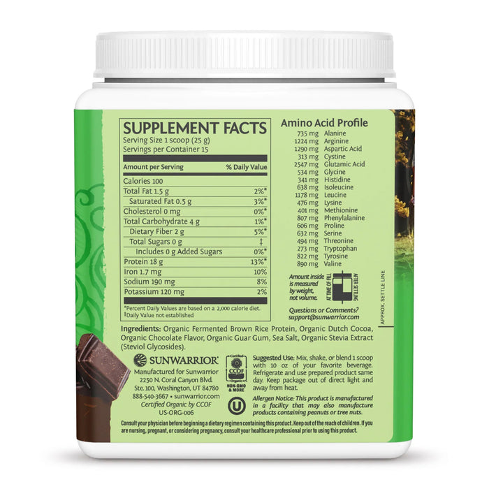 Sunwarrior Classic Proteína de Arroz Integral en Polvo, Chocolate, 375 g, Vegana, Sin OMG