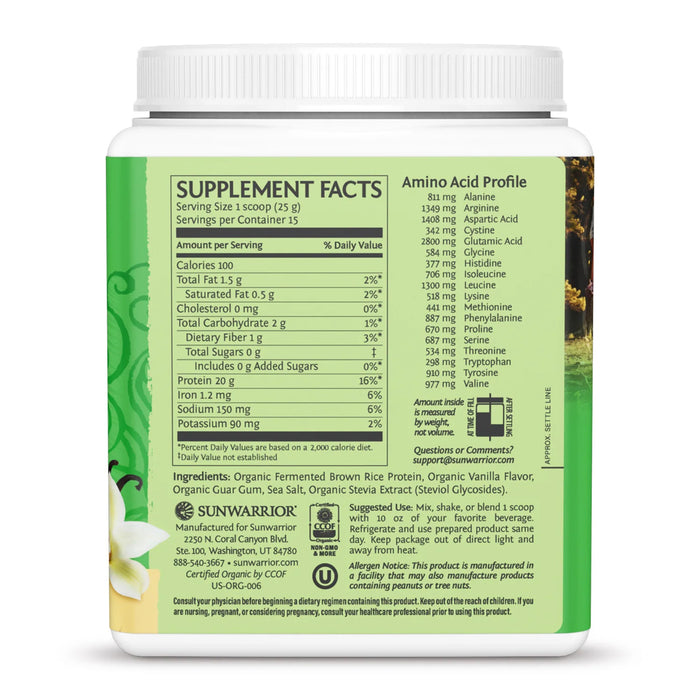 Sunwarrior Classic Proteína Orgánica en Polvo, Vainilla, 375 g, Vegana, Sin OMG
