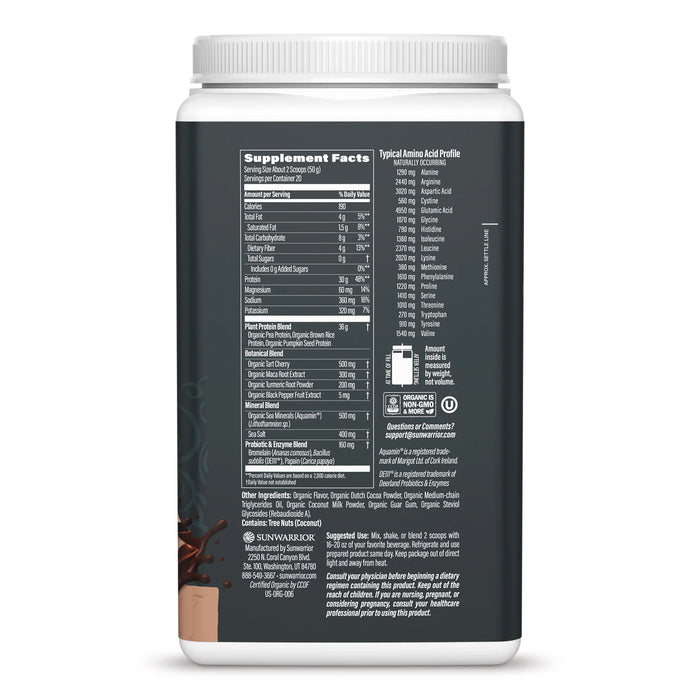 Sunwarrior Sport Proteína Activa Orgánica en Polvo, Chocolate, 1 kg (2.2 lb), Vegana, Sin OMG