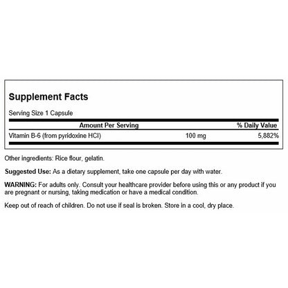 Swanson Vitamina B6 Piridoxina, 100 mg por cápsula, 100 cápsulas para 3 meses