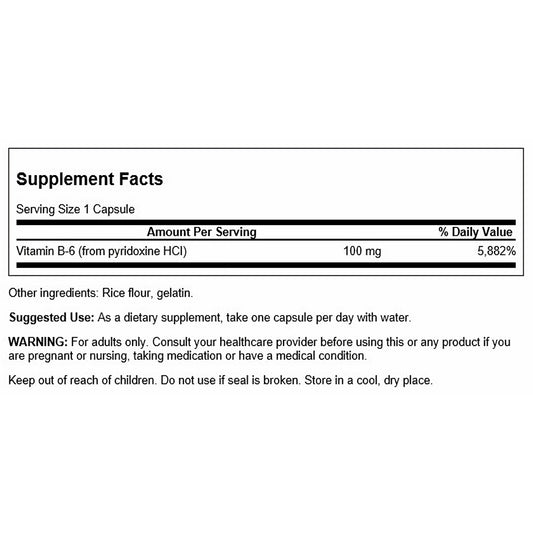 Swanson Vitamina B6 Piridoxina, 100 mg por cápsula, 100 cápsulas para 3 meses