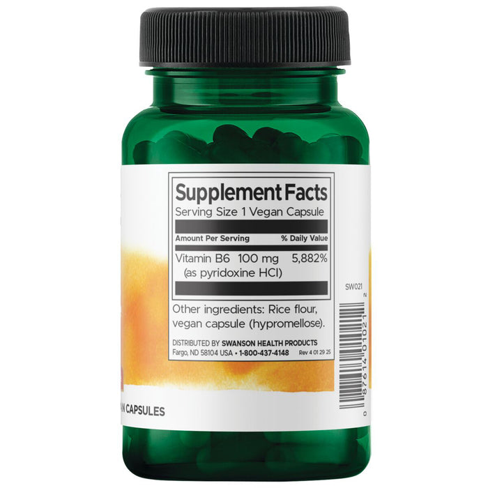 Swanson Vitamina B6 Piridoxina 100 mg, 100 cápsulas